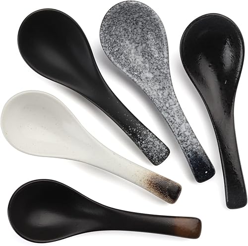 Juego de 5 cucharas de sopa asiáticas de cerámica, cucharas japonesas de sopa de ramen, cucharas de sopa china de porcelana para fideos ramen, salsa