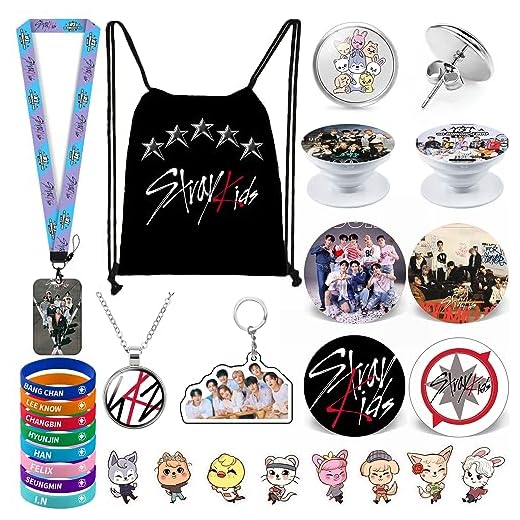 eTel Like Stray Kids Gifts Set, Including Drawstring Bag Backpack, Necklace, Earrings, Bracelets, Button Pins, Lanyard ID Holder, Keychain, Phone Ring Holder, Cartoon Badge