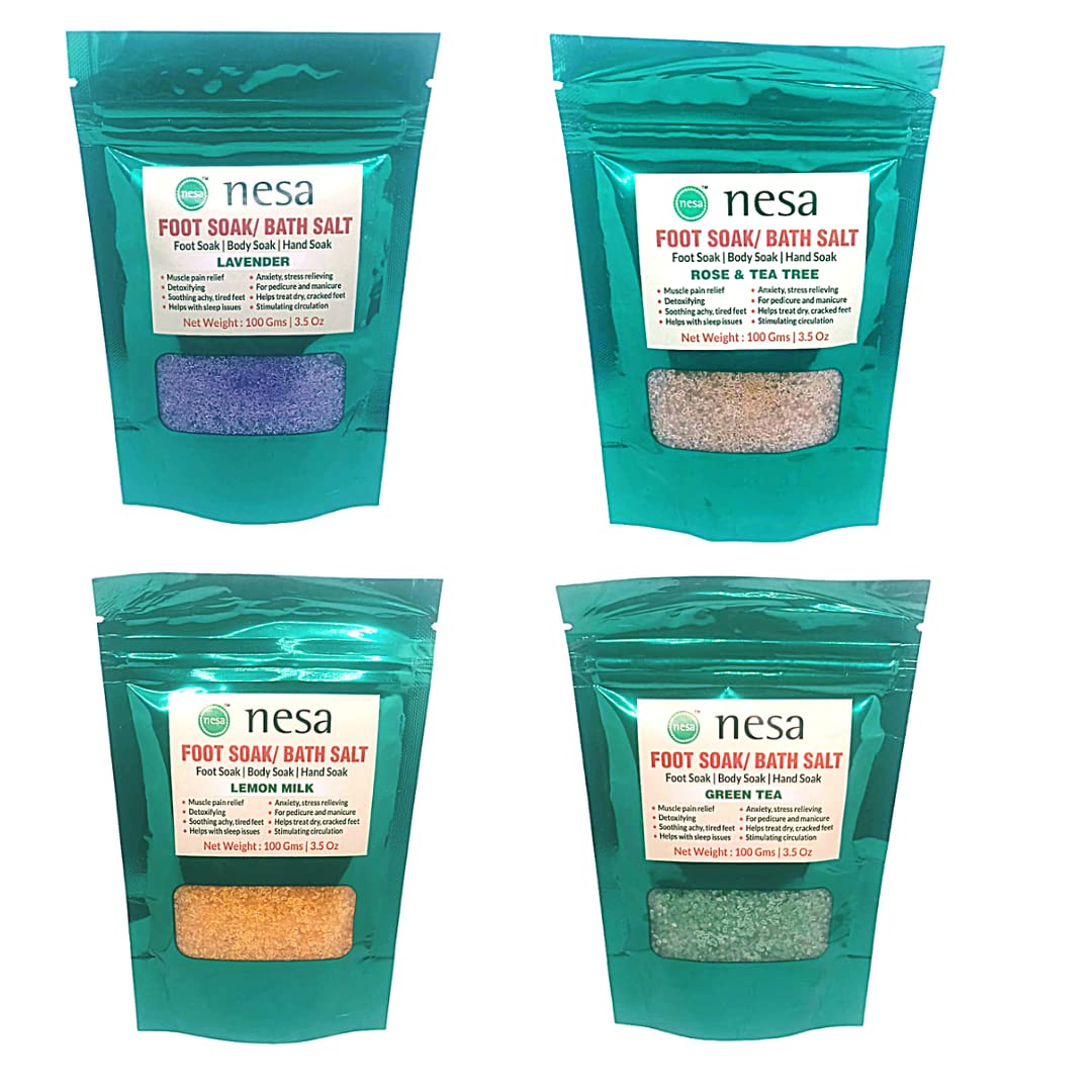 Nesa Bath Salt / Foot Soak Salt Variety Pack (Lavender, Green Tea, Rose & Tea Tree, Lemon Milk) - Pack of 4 | 100 Gms Each | Muscle Pain Relief | Anxiety and Stress Relief | Dry, Cracked Feet Care |