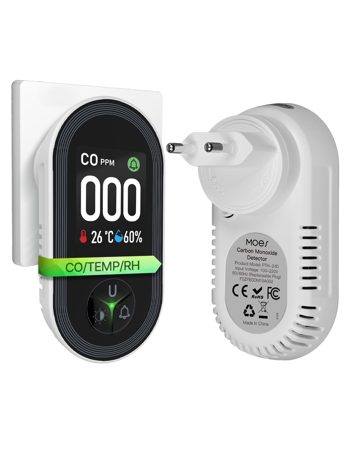 MOES Kohlenmonoxid-Melder mit Stecker - 3-in-1 CO-Melder mit Temp- & Luftf.-Sensor für Haus & Wohnmobil mit akustischem 