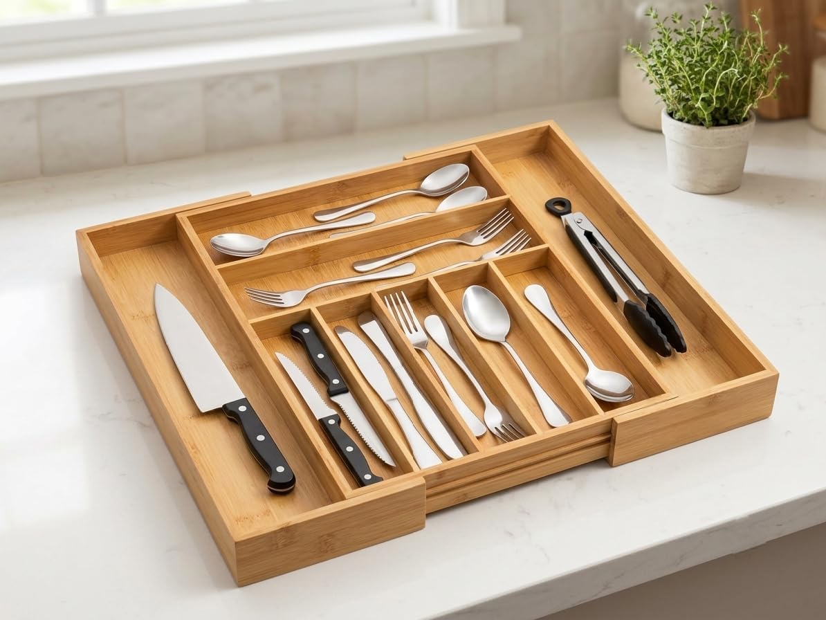 Elmora Bamboo Kitchen Drawer Organizer, 9 Slot Expandable Utensil Organizer