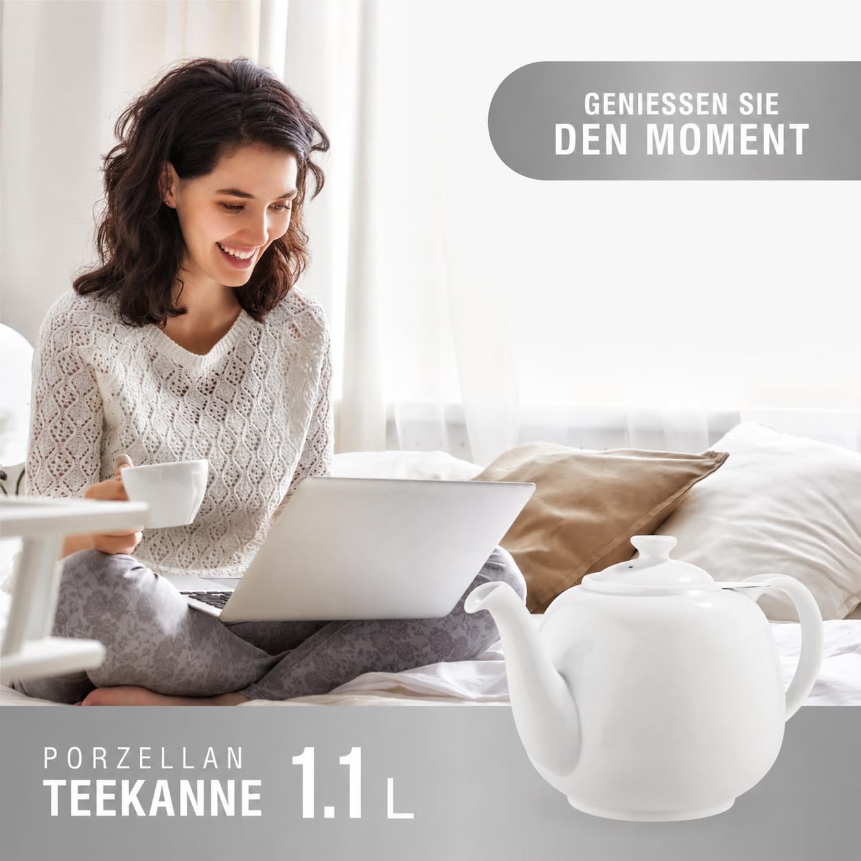 Urban Lifestyle Teekanne mit Siebeinsatz 1,1 Liter, Hochwertige Fine Porzellan Teekanne mit Edelstahl Sieb & Filter, 800 ml Nutzvolumen, Tropffrei, Deckel stabilisiert Swansea Weiß