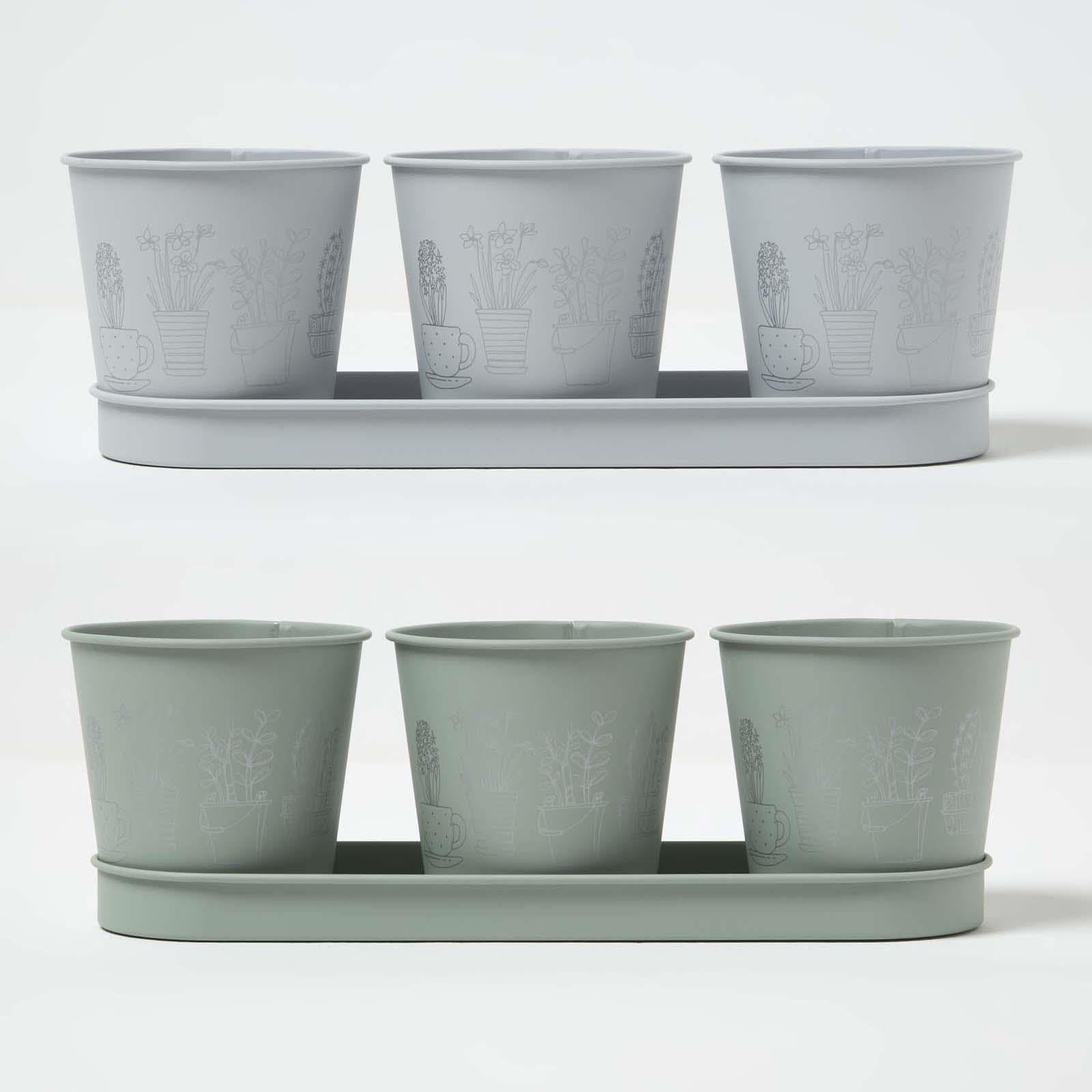 Homescapes Set of 6 Herb Pots with Tray, Grey & Green