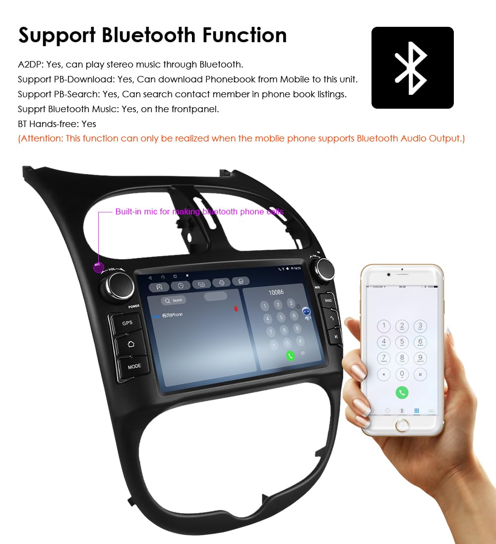 Autoradio Android 14 con touchscreen da 7 pollici e processore quad-core per Peugeot 206 206cc 2000-2008 WiFi CarPlay/Android Auto Bluetooth 4G SWC GPS RDS 2 GB + 32 GB