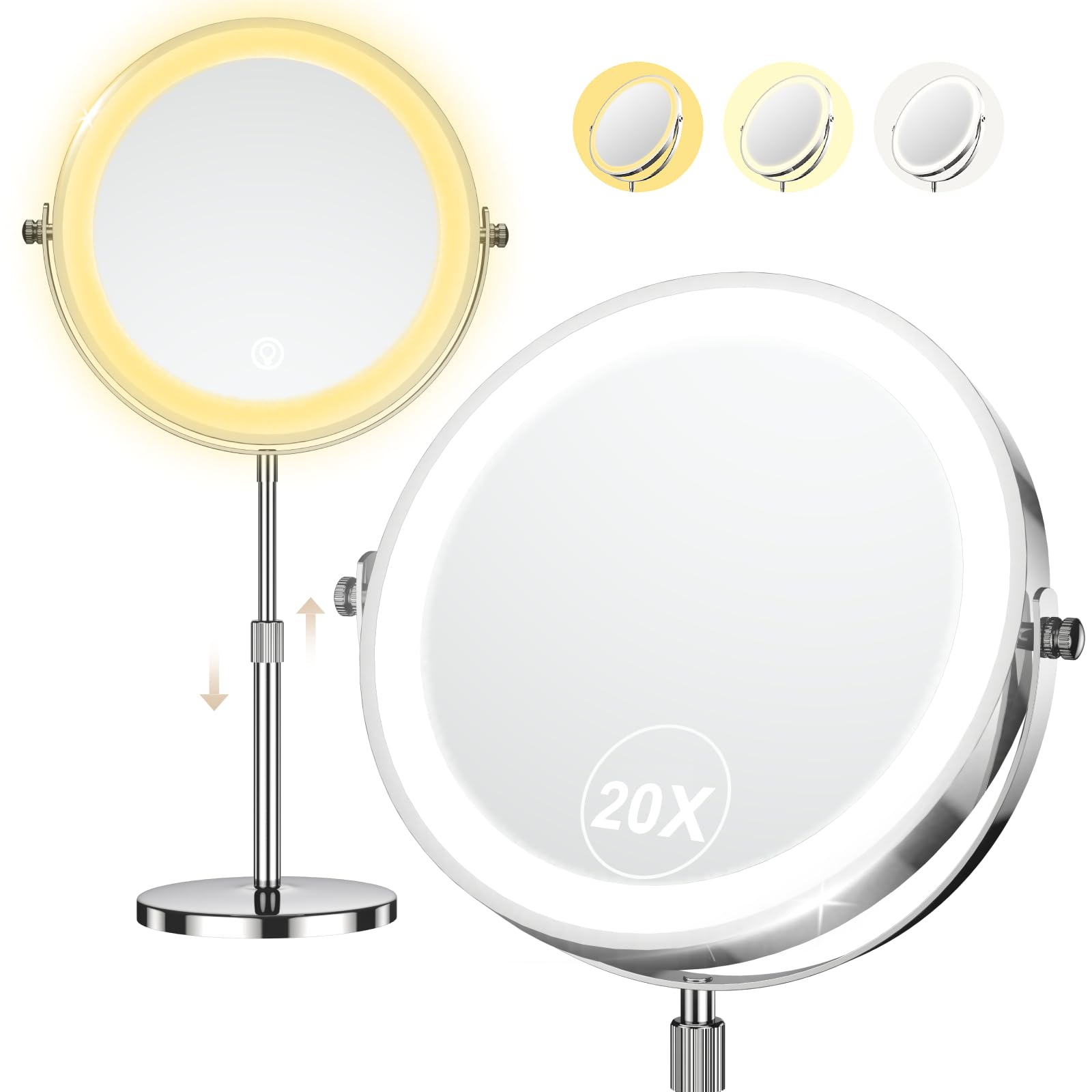 Dienmern LED Schminkspiegel Beleuchtet 1x/20x, 360° Drehbar, 3 Farbtemperaturen Stufenlos Dimmbar, 5000mAh Aufladbar, Doppelseitig Vergrößerung, Kosmetikspiegel Helligkeit Einstellbar, Damen Geschenk
