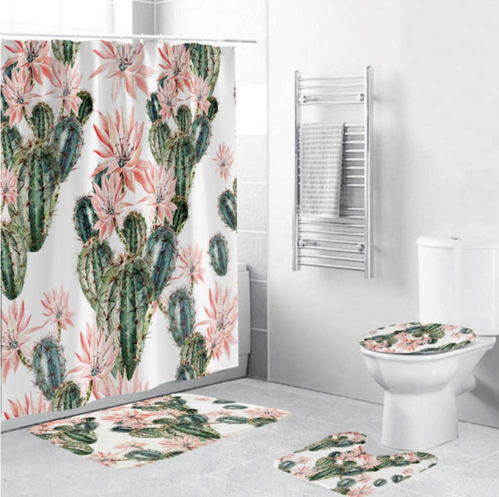 DHYWGS Cactus pattern Waterproof Bathroom Shower Curtains 4PCS set Non Slip plant print Toilet Polyester Cover Mat Set waterproof-180cm+45cm*75cmd