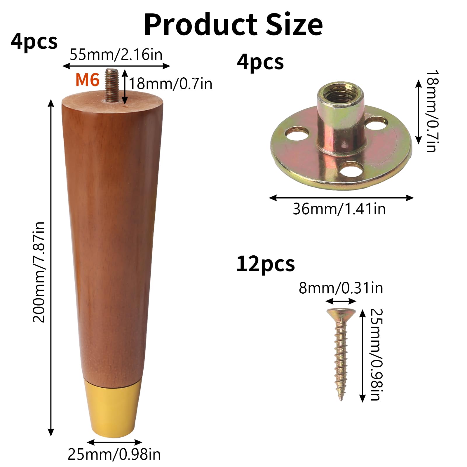 COEWUR 8inch Wooden Furniture Legs 20cm Solid Walnut Wood Replacement Sofa Legs Set of 4 Furniture Feet - Image 2