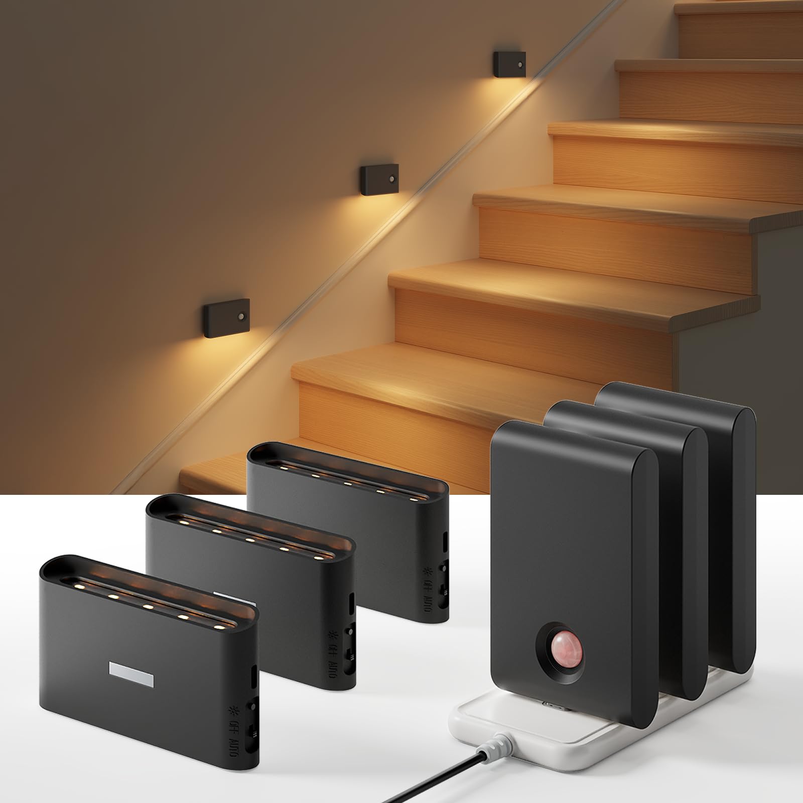 EZVALO 6 Pack Motion Sensor Night Lights with Charging Station, Sync LED Stair Lights Indoor, 1500mAh Rechargeable, Magnetic & Dimmable, 3000K Soft White, Portable Nightlight for Hallway (Black) Black 6pack with station