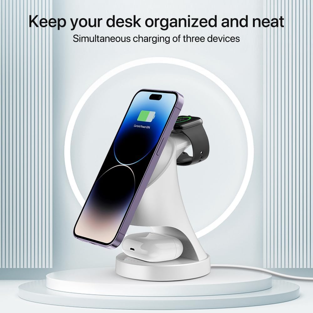 Magnetyczna ładowarka do Apple Watch i iPhone'a, 3 w 1, bezprzewodowa ładowarka do iPhone 16/15/14/13/12 Kompatybilna Samsung Apple Watch/AirPods Pro Series (biały)