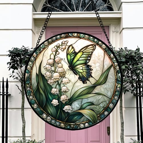 Image of DASTOLL Stained Glass Window Hanging, Lily of the Valley Flower Butterfly Suncatcher for Doors Home Sun Catchers Decoration and Christmas, Mother's Day Birthday Gifts for Women, Men, Mom 14.9x14.9 in