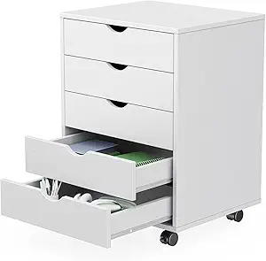 Sweetcrispy 5 Drawer Chest Mobile Storage Cabinets Small Wooden Dresser with Wheels Room Organization Furniture for Office Home, White Wood
