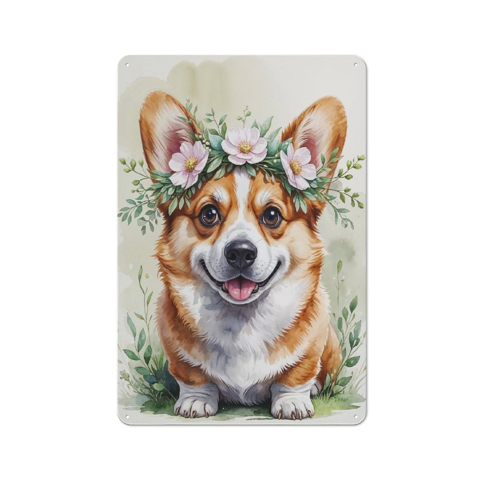 Junmoney Cute Corgi With Flower Crown Watercolor Clean Industrial Decorative Metal Plaque 30X20cm, Loft Wall Plaque For Modern Home, Workshop, Office Or Cafe
