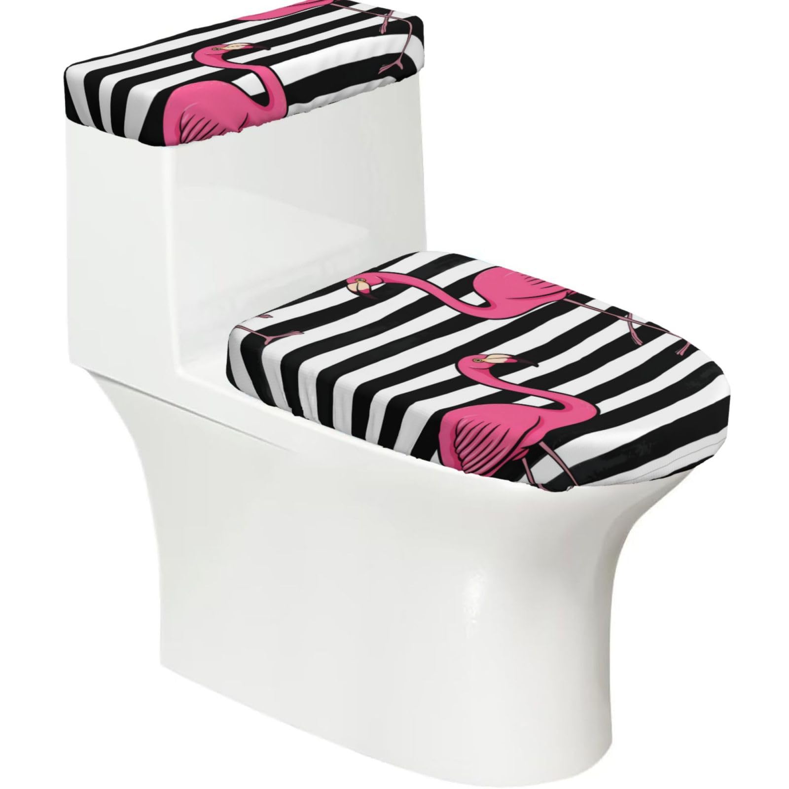 Pink Flamingo 2-Piece Toilet Seat Cover Set with Tank Lid - Elastic for U-Shape & Elongated - Bathroom Decor