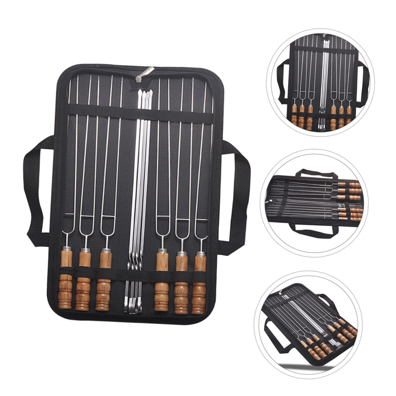 Brochetas de Acero Inoxidable 10 Piezas con Mango de Madera | Bolsa de Almacenamiento Incluida, Acabado Negro, Aptas para Cena Familiar y Uso al Aire Libre