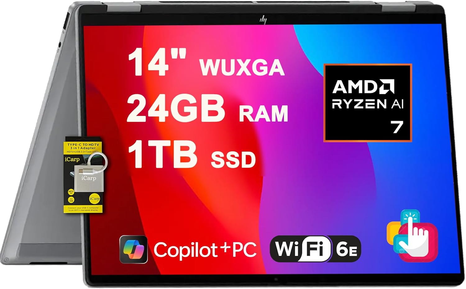 HP OmniBook X Flip 2-in-1 מחשב נייד 14" Wuxga IPS Touch (400nits) AMD 8-Core Ryzen AI 7 350 (עד 50 עליונים) 24GB RAM 1TB SSD ליוצר מעצב עסקי Win11 ICP Hub/Copilot+ AI PC