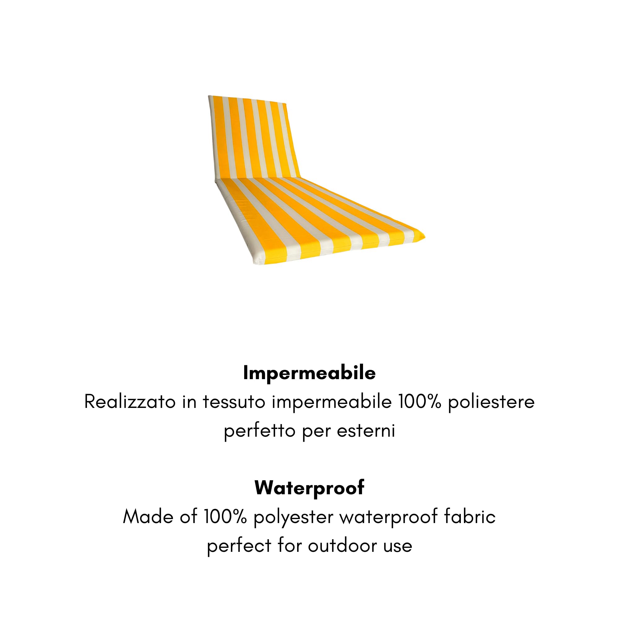 Coussin imperméable pour chaise longue bandée – 190 x 60 cm polyester hydrofuge – Coussin amovible fabriqué en Italie (blanc et jaune)