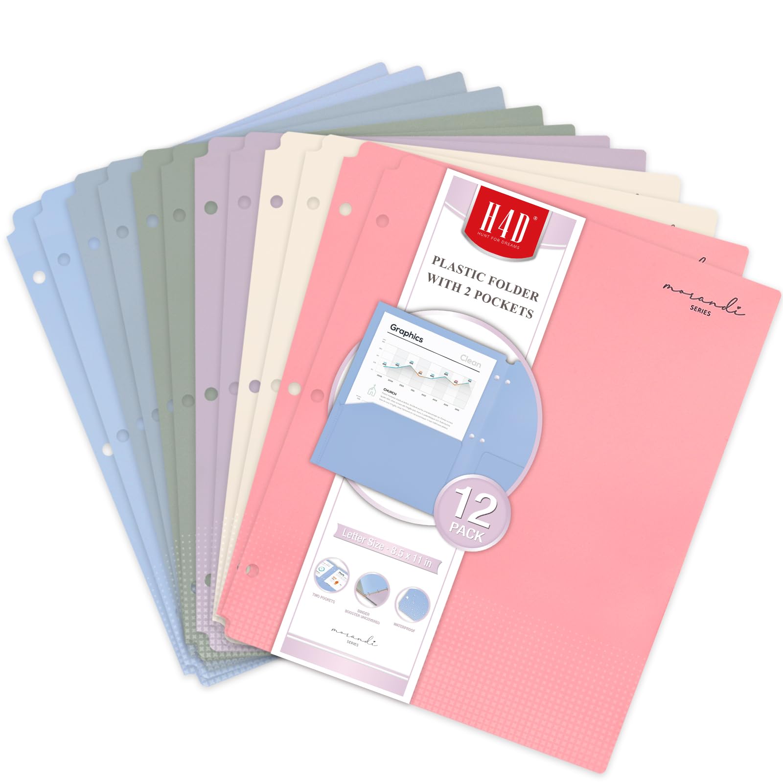 H4D Plastic Folders with 2 Pockets, Fit for 3 Ring Binder, Letter Size, Pastel Colors, 12 Pack