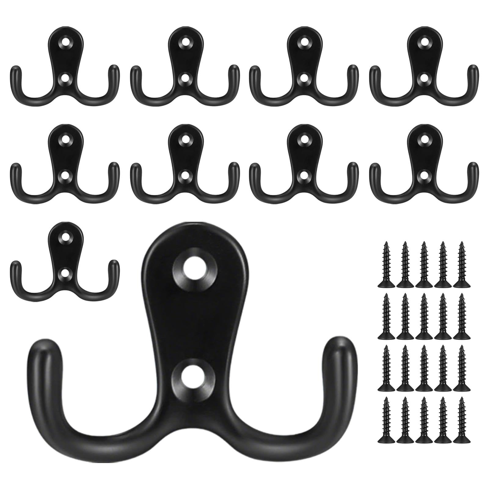Vexorlian 10 Pcs Coat Hooks, Heavy Duty Wall Hooks for Hanging, Double Coat Hooks Wall Mounted for Living Room, Bathroom, Bedroom, Bag, Scarf, Towel, Hat, Key, Cup, Black