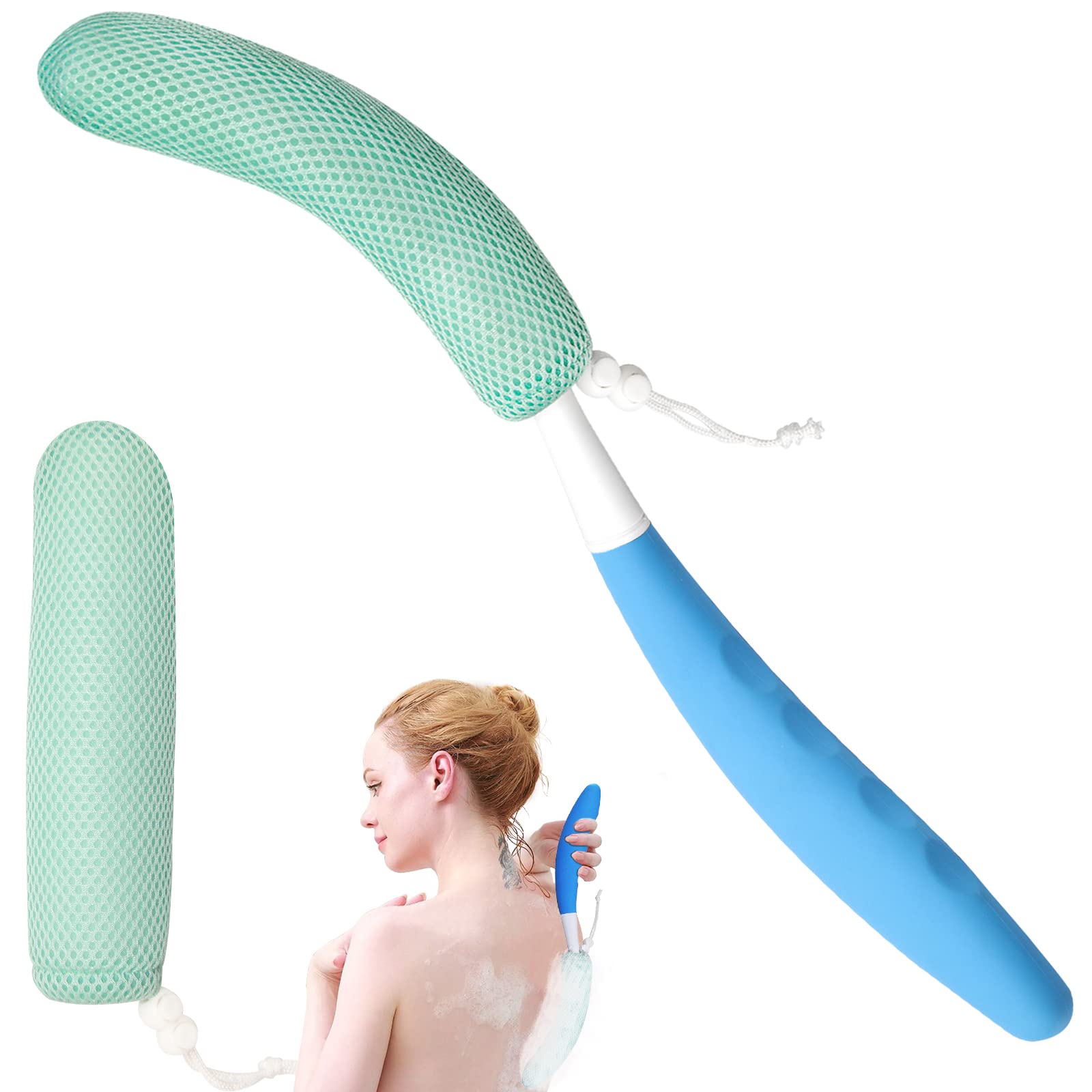 KkaFFe Long Handle Sponge Shower Brush, Non slip Handle Shower Brush, Back Scrubbing Brush. Suitable for various groups of people as a bathing aid, easy to touch every inch of your skin.