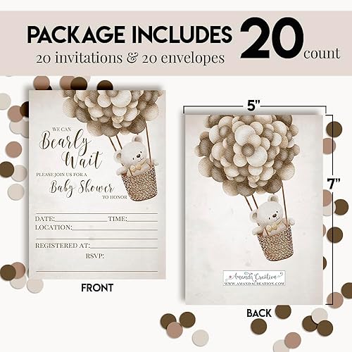 Miniatura 4 de Amanda Creation Lindo globo de oso de peluche, invitaciones para baby shower, 20 tarjetas de relleno de 5 x 7 pulgadas con veinte sobres blancos