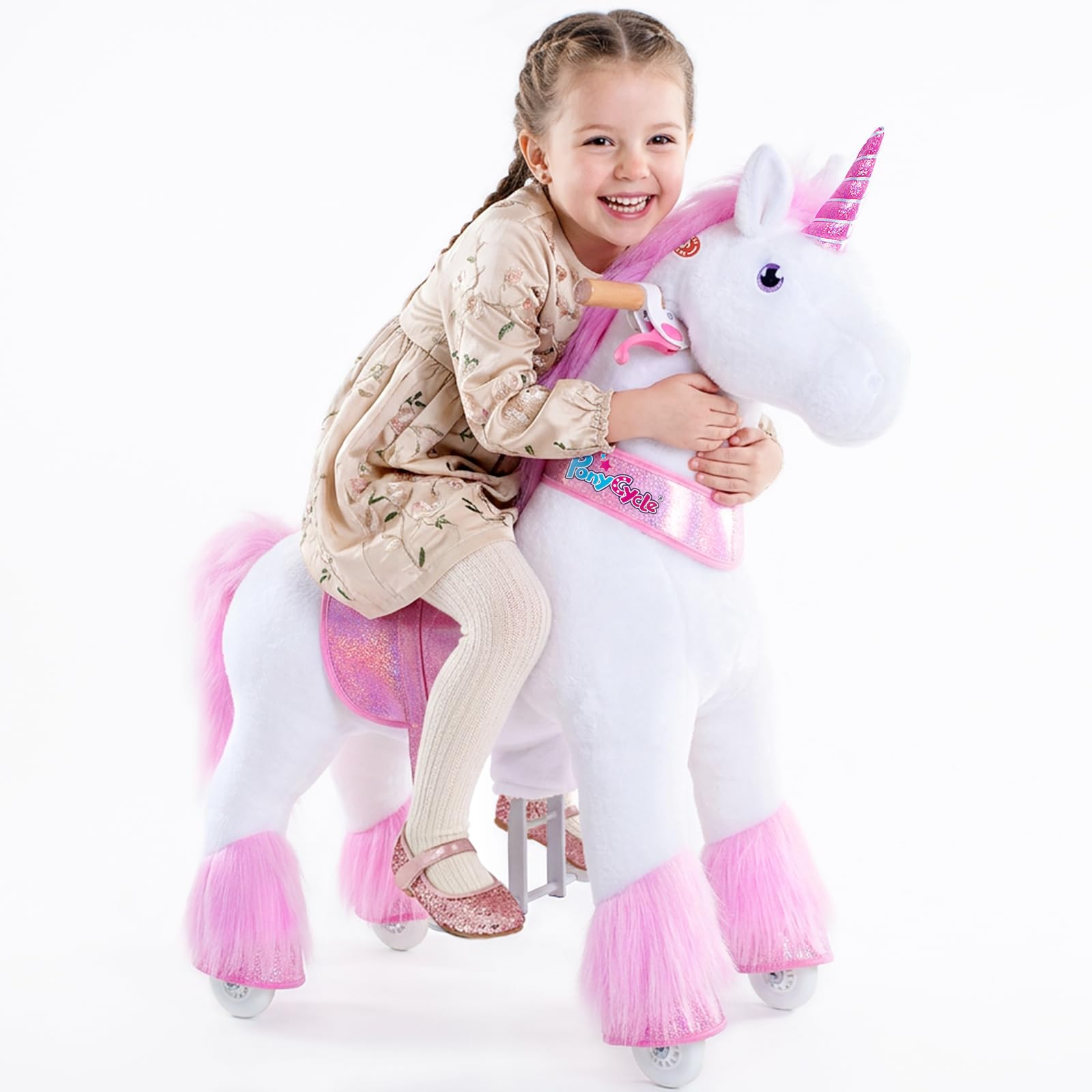 PonyCycle Oficial Clásico Modelo U Unicornio para Montar Juguete de Peluche Que Camina con Ruedas Regalo para Niños&Niñas (con Freno y Sonido/Talla 4 para Edades de 4-7 años) Unicornio Rosa Ux402