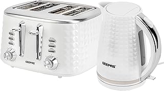 Geepas 4 Slice Bread Toaster & 1.7L Cordless Electric Kettle Combo Set with Textured Design – 1750W Toastie Machine with 7 Browning Control - 2200W Kettle with Auto Shut Off & Boil Dry Sensor - White
