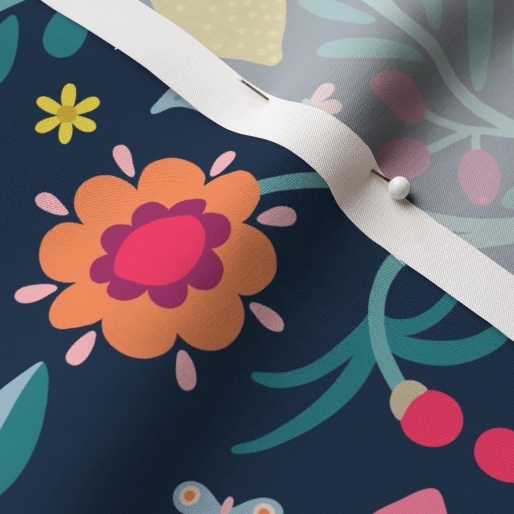 Spoonflower Fabric - Modern Damask Pink Blue Bird Butterflies Red Floral Fruit Folk Art Printed on Cotton Poplin Fabric by The Yard - Sewing Shirting Quilting Dresses Apparel Crafts