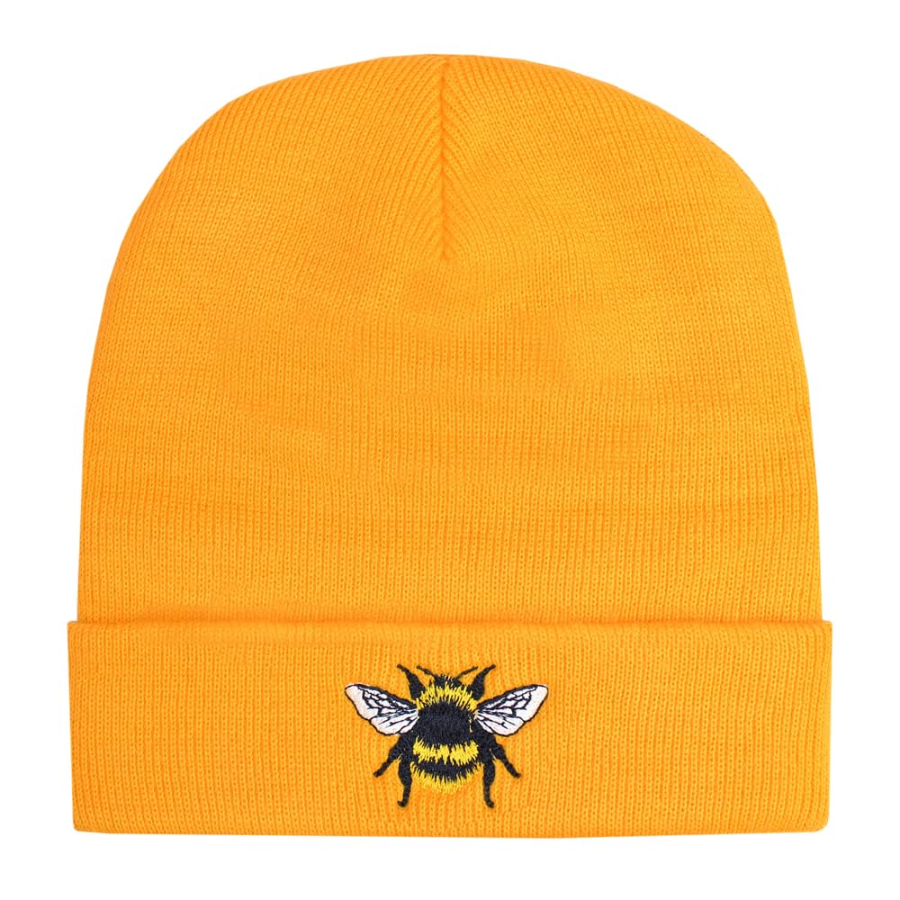 Teddyt's Women's Amber Yellow Bumble Bee Embroidered Thermal Beanie Hat (Amber Yellow)