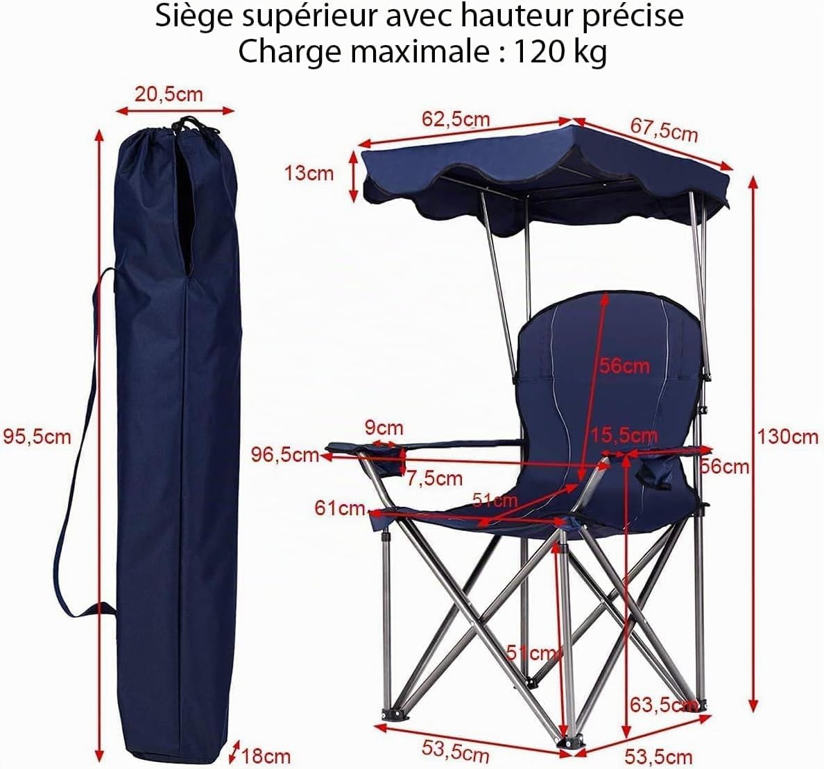 RELAX4LIFE Chaise de Camping Pliante avec Toit Parasol,Porte-Boisson, Chaise de Pêche en Cadre Métallique Charge Max 120 kg pour Camping Pêche Excursion Plage (Bleu)