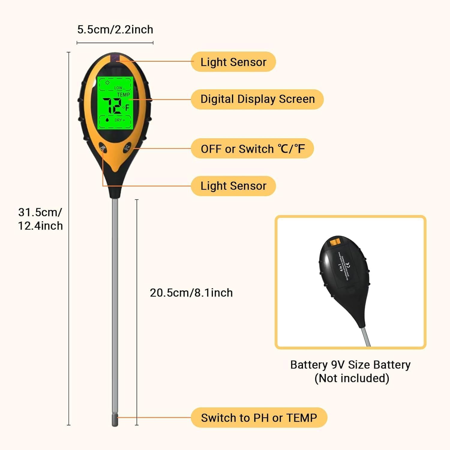 HENGBIRD Tester Gleby 4 w 1, Miernik pH Ziemi Trawnik, Analizator Gleby Cyfrowy z Temperatura Swiatlo i Wilgotnosc, Sonda 19,6 cm do Ogrod Balkon Rosliny Domowe