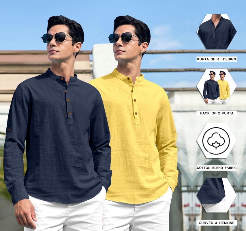 Image of ROYALSCOUT Combo of Men's Solid Cotton Blend Full Sleeve Straight Kurta Shirt (Pack of 2)