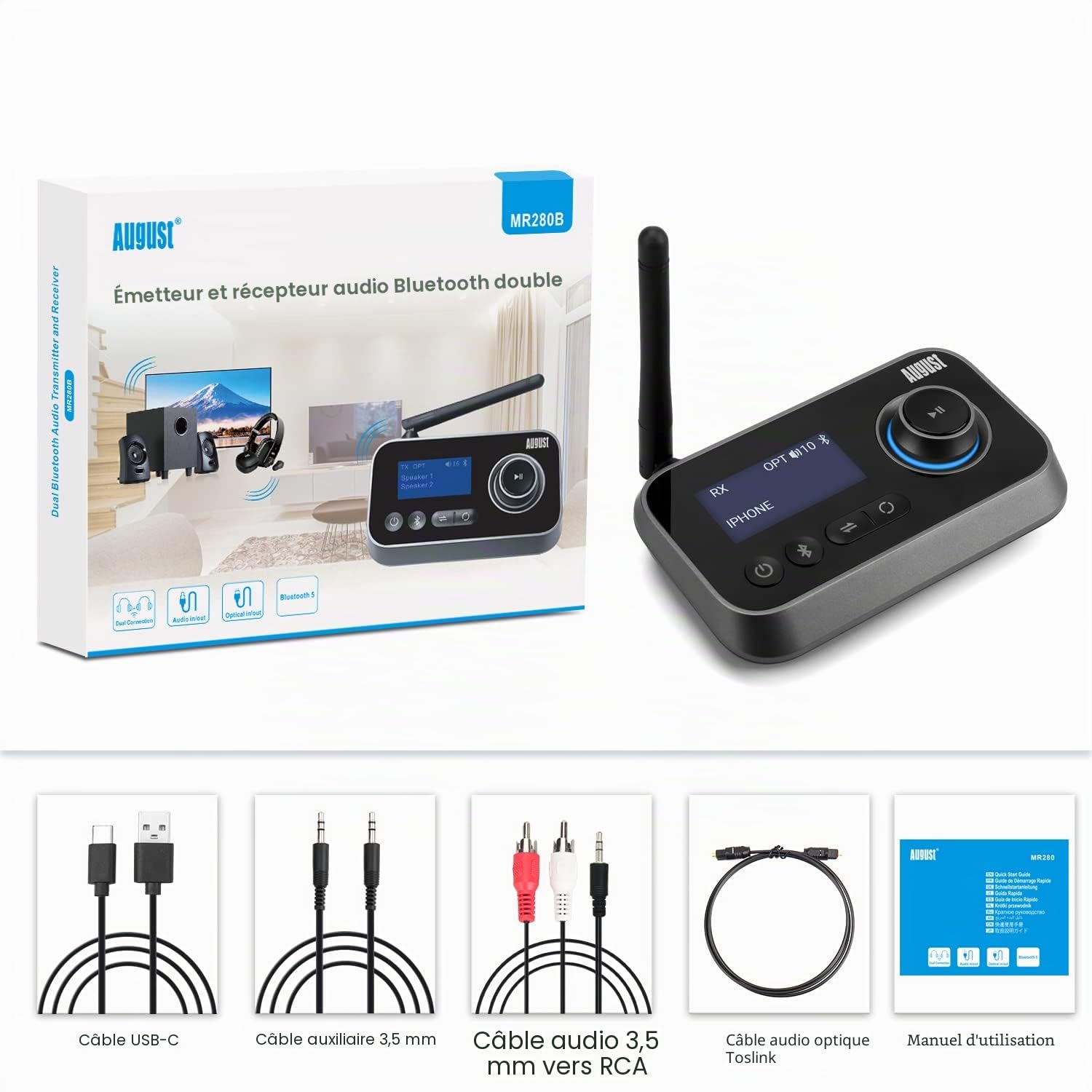 August MR280 Émetteur Récepteur Bluetooth 3 en 1 pour TV/PC/Casque/Stéréo HiFi - Adaptateur Audio Multipoint Faible Latence avec Bypass, 3,5 mm Aux, RCA, Câble Optique, USB-C