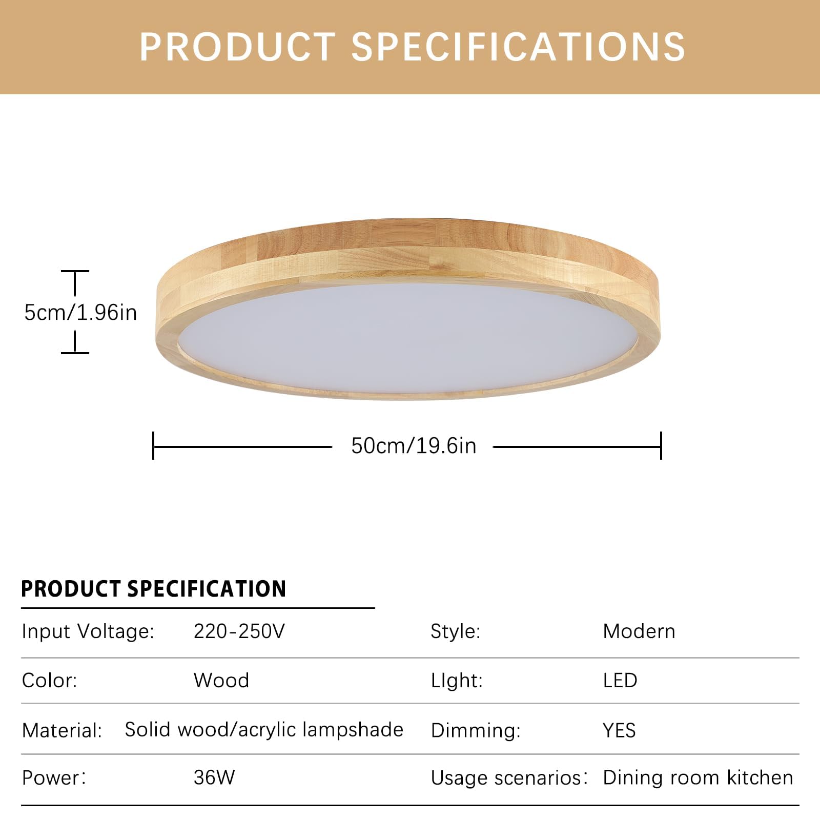 Lámpara de techo LED de madera, regulable con control, luces de techo redondas de madera de 36 W Ø 50 cm para sala de estar, cocina, comedor, oficina en casa, habitación de los niños