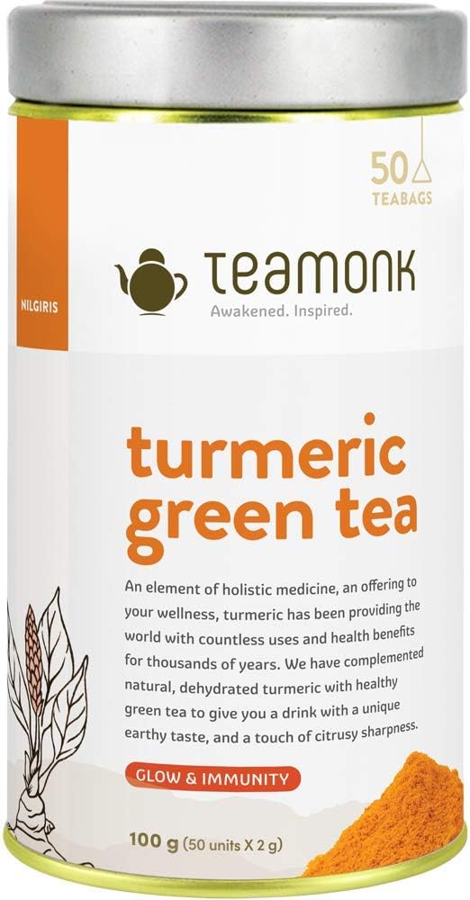 Teamonk High Mountain Turmeric Green Tea - 50 Biodegradable Pyramid Tea Bags Filled With Whole Loose Leaves. Acts as Immunity Booster. Natural Ingredient Infused - Not Artificially Flavoured.