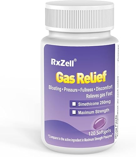 RXZELL Alivio de gas, simeticona de máxima fuerza de 250 mg, 120 cápsulas blandas, antiflatulencia que alivia el gas rápido, ayuda a la hinchazón,