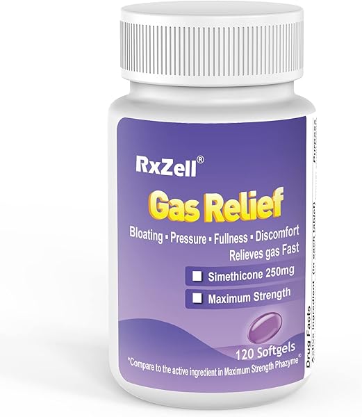 RXZELL Gas Relief, Maximum Strength Simethicone 250mg, 120 Softgels - Anti Flatulence Relieves Gas Fast, Bloating Aid, Stomach Discomfort, Fullness and Pressure Relief Pills