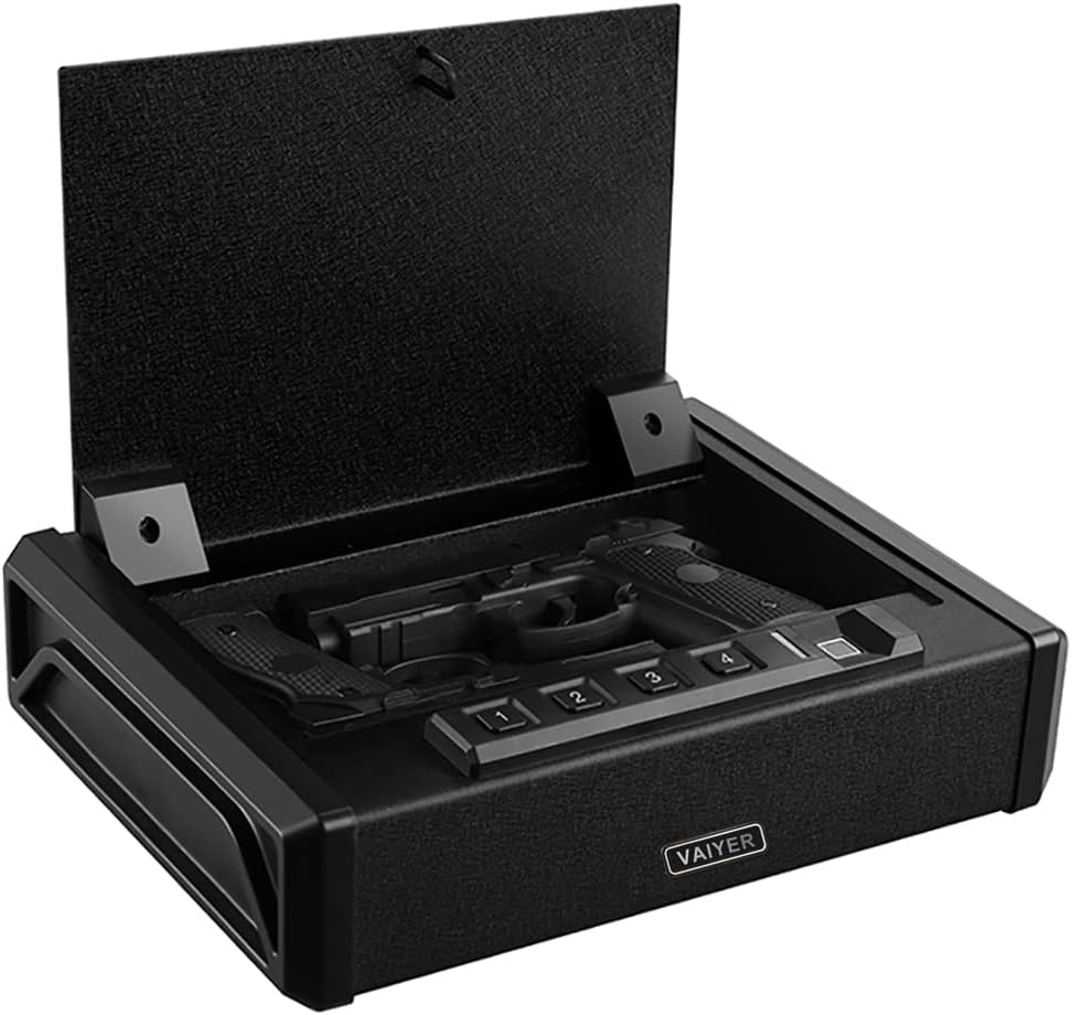 Vaiyer Gun Safe for Pistols, Biometric Pistol Safe Firearm Quick-Access Safe with Fingerprint Lock & Key Pad, Smart Handgun Safe Gun Lock Box for Home, Office