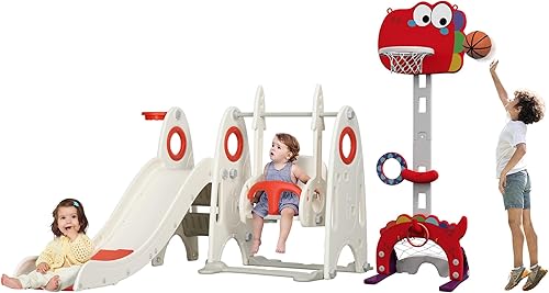 Qaba Juego de tobogán y columpio 8 en 1 para niños pequeños con aro de baloncesto de altura ajustable, fútbol, golf, lanzamiento de anillos y juego