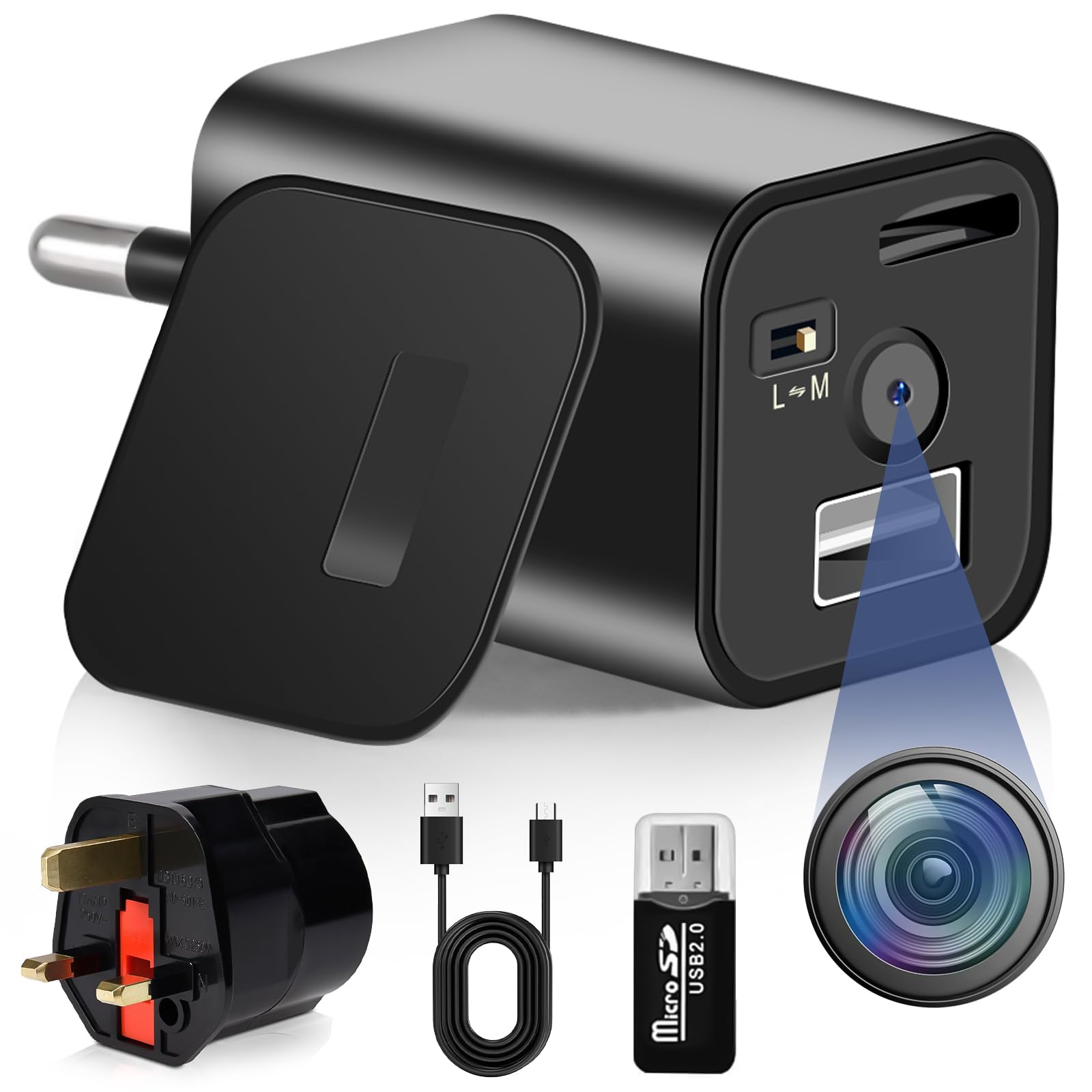 heygocam USB Charger Security Camera, Mini Hidden Spy Camera with Motion Detection, Loop Recording, UK Adapter for Home Office Surveillance, No WiFi Required