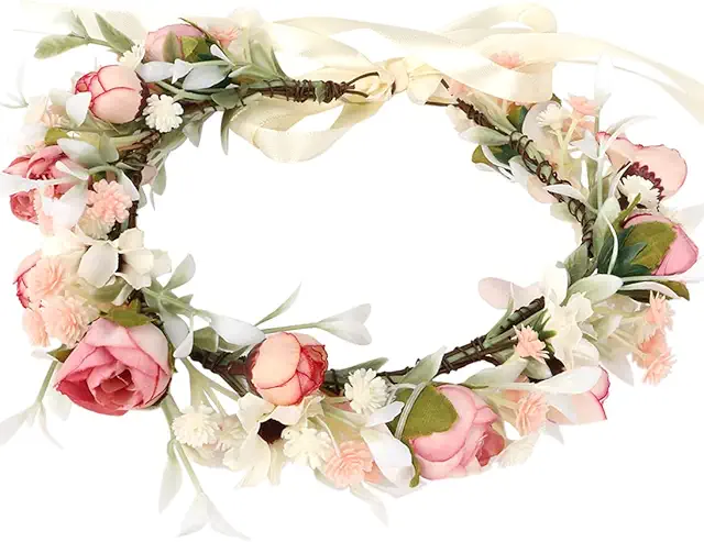 Boho Blumenkranz Haarkranz mit Rosen - Individuell Einstellbar (Rosa)