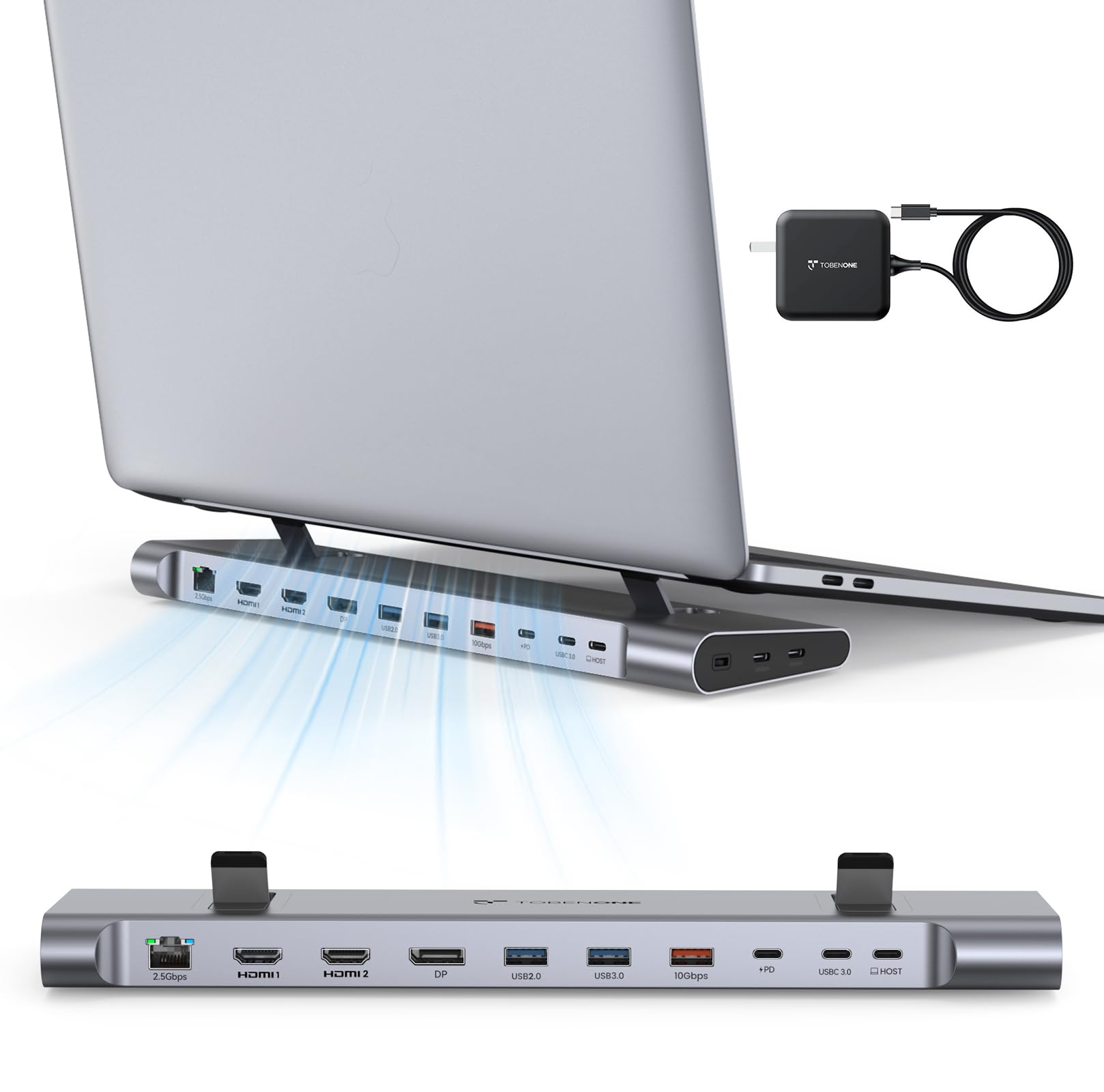 TobenONE - Estación de acoplamiento USB-C para 3 monitores y doble monitor, soporte de base para portátil con cargador GaN III de 100 W, Ethernet de 2,5 Gbps, 2 HDMI y DP (4 K a 120 Hz), 6 puertos USB