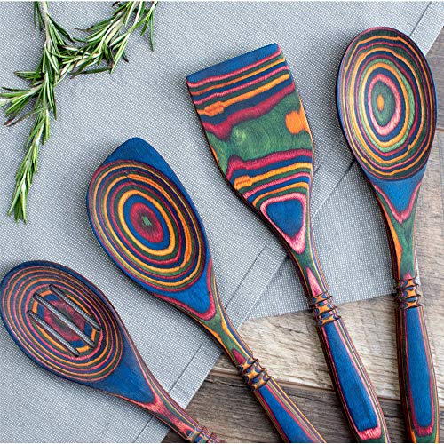 Island Bamboo Pakkawood 6-Piece Utensil Set With Gift Bag - Elegant Kitchen Spoon, Slotted Spoon, Corner Spoon, Spatula, 13”, 9" Double Measuring Spoon Spurtle - Heat Resistant & Non-Stick Utensils #TOP2
