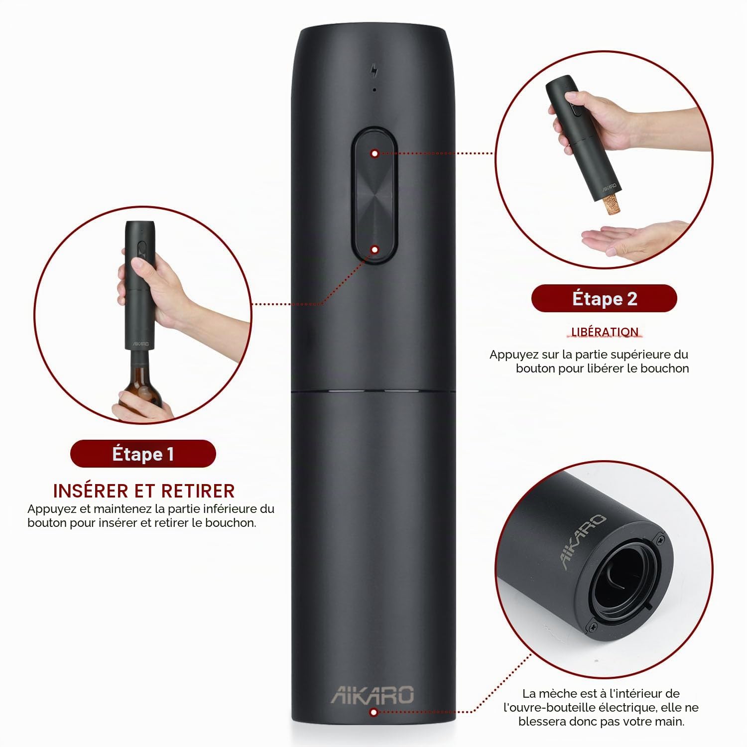 AIKARO - Tire-bouchon Électrique, Ouvre-bouteilles de Vin Automatique, Rechargeable (Set C)