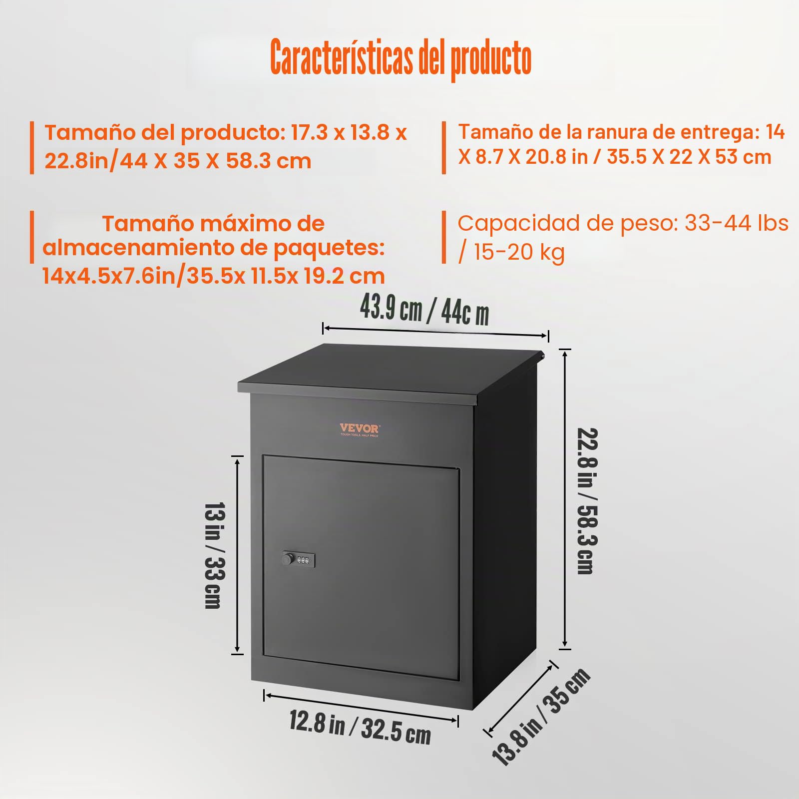 VEVOR Buzón para Paquetes 44x35x58,3 cm Buzón de Acero Galvanizado con Cerradura de Código Deflector Antirrobo Desmontable para Montaje en Pared Impermeable IPX3 Depósito de Paquetes para Hogar Porche