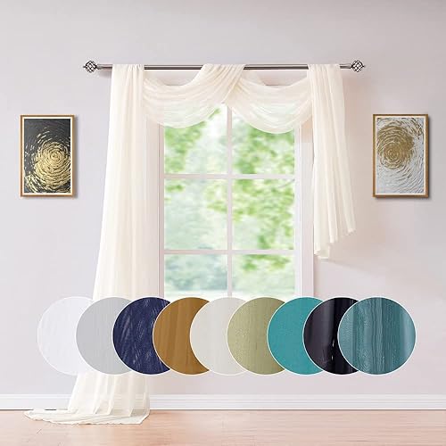Cortina transparente de longitud mediana de 55" (ancho) x 144" (largo), color beige claro. Los tratamientos de gasa para ventana son perfectos como
