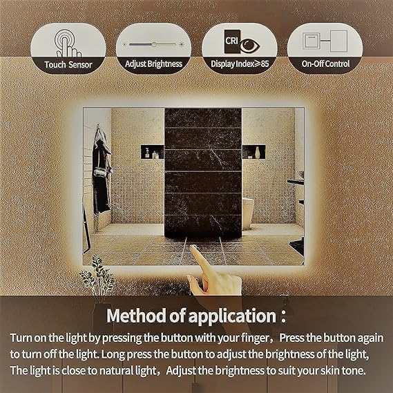 Image of LED Bathroom Mirror with 3-Color Lights | Front Warm White & Back Glow | Dimmable, Memory Function | Vanity Wall Mirror for Modern Bathrooms (60x90 cm)