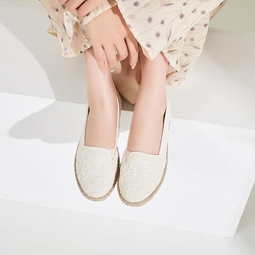 Miniatura 7 de BABUDOG Zapatos planos para mujer con bordado de flores, zapatos de ballet de encaje blanco, zapatos planos elegantes y cómodos