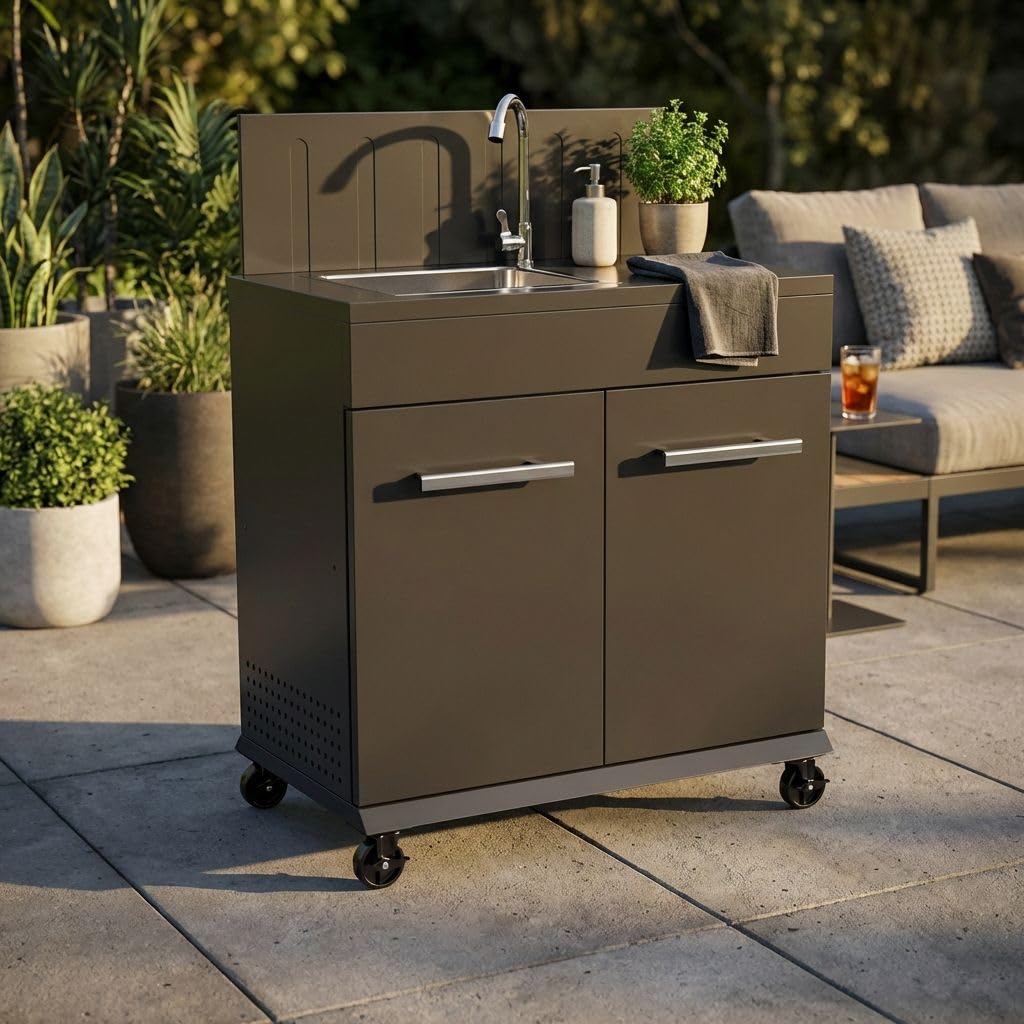 Milani Home - modulo cucina outdoor con lavello, metallo, lavello cucina outdoor, nero, 82 x 46.5 x 109.5 cm