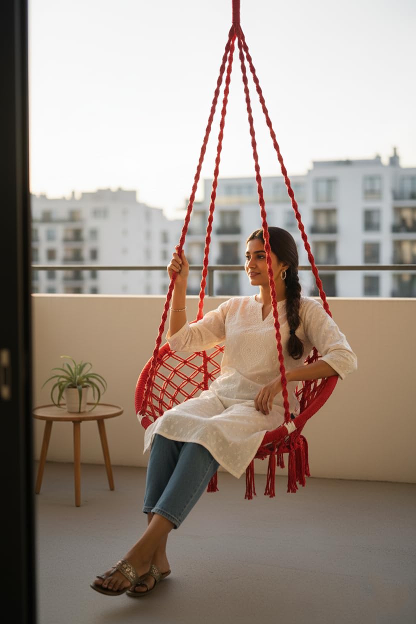 Patiofy Cotton Netted Round Large Swing for Adults/Swing for Balcony/Swing Chair for Adults for Home/Hammock Swing for Adults/Swing Chair Wooden/Without Hanging Kit (120Kgs Weight Capacity- Red)-image-6