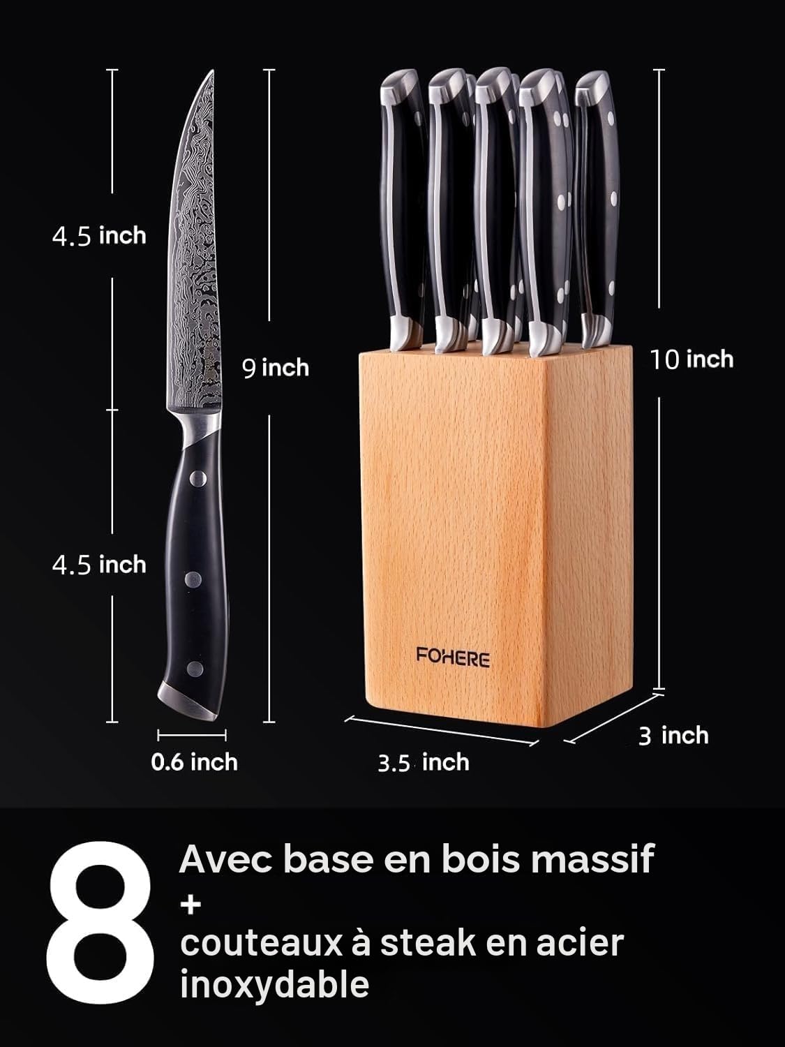 Couteaux à Steak, 8 Pièces Couteaux de Table avec Bloc à Couteaux, Ensemble de Couverts à Steak à Lame Droite Extra Tranchante, avec Motif Damas, Poignée Pleine Soie, Couteaux pour Maison et Cuisine
